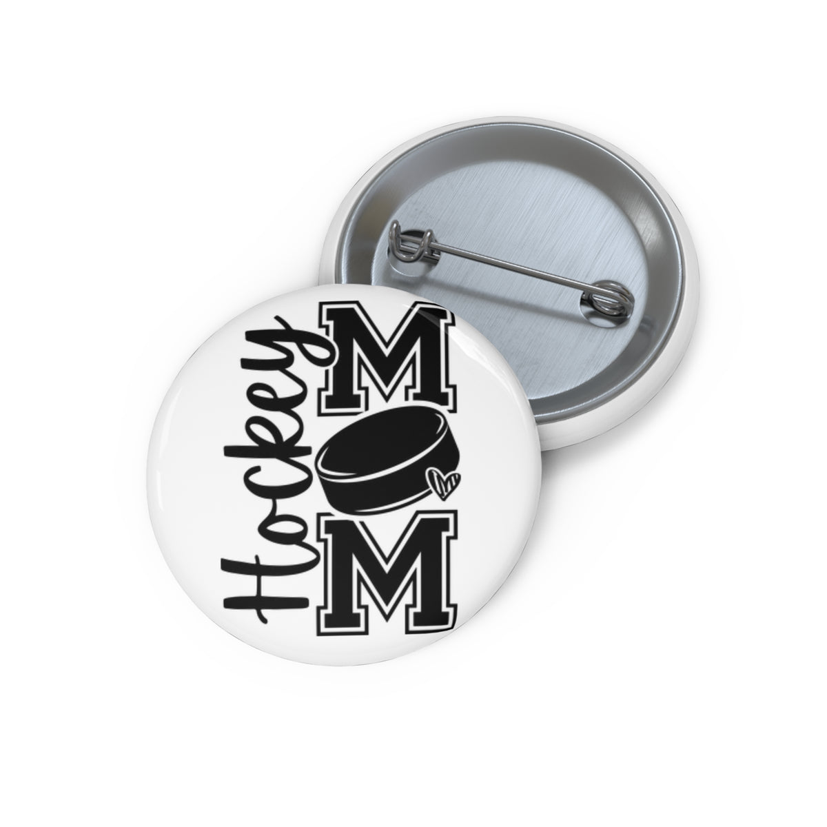 Hockey Mom Pin Button – Black & White Hockey Puck Badge