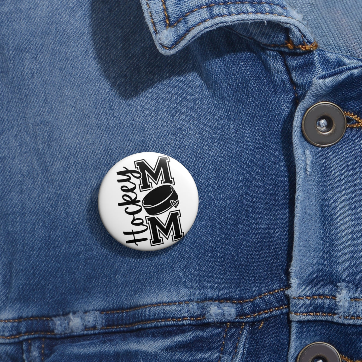 Hockey Mom Pin Button – Black & White Hockey Puck Badge